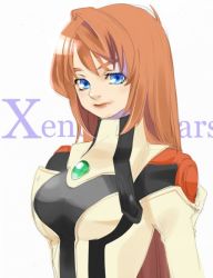 Rule 34 | 1girl, blue eyes, breasts, closed mouth, copyright name, elhaym van houten, lips, long hair, looking at viewer, military, military uniform, orange hair, simple background, smile, solo, uniform, very long hair, white background, xenogears