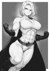 Rule 34 | 1girl, absurdres, belt, bodysuit, boots, border, breasts, cape, cleavage, cleavage cutout, clenched hands, closed mouth, clothing cutout, commentary, covered abs, dc comics, elbow gloves, foot out of frame, frown, gloves, greyscale, highres, knee boots, large breasts, looking at viewer, monochrome, muscular, muscular female, outside border, power girl, short hair, signature, simple background, solo, speedl00ver, turtleneck, white bodysuit, white border