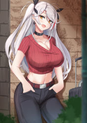 Rule 34 | 1girl, absurdres, against wall, antenna hair, azur lane, black choker, black ribbon, blush, breasts, brown eyes, casual, choker, cleavage, collarbone, commentary request, crop top, denim, hair between eyes, hair ribbon, hands in pockets, head tilt, highres, j yak47, jeans, large breasts, long hair, looking at viewer, midriff, multicolored hair, navel, open mouth, outdoors, pants, prinz eugen (azur lane), red eyes, red hair, ribbon, short sleeves, silver hair, smile, solo, standing, streaked hair, swept bangs, two side up, very long hair