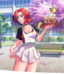Rule 34 | 1girl, beer mug, bird, black hair, borrowed character, breasts, cleavage, clothes pull, collarbone, commentary, cup, english commentary, green eyes, highres, holding, holding tray, medium breasts, mug, multicolored hair, original, overall skirt, parted lips, red hair, red shirt, remi (monorus), shirt, short hair, skirt, skirt pull, solo, tray, tree, white skirt, yigaly
