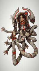 Rule 34 | 1girl, astronaut, black hair, blood, blood on face, blue eyes, extra arms, gloves, gun, handgun, highres, holding, holding gun, holding weapon, horns, horror (theme), long hair, looking at viewer, monster, mossacannibalis, open mouth, original, pistol, revolver, sharp teeth, simple background, solo, teeth, two-handed, weapon, white background, white gloves
