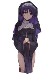 Rule 34 | 1boy, absurdres, alternate costume, androgynous, black dress, cross, crossdressing, dress, genshin impact, highres, holding, holding cross, long sleeves, looking at viewer, male focus, nun, purple eyes, purple hair, scaramouche (genshin impact), short hair, solo, traditional nun, white background, wimple, yamabuki (yamabuki xxxxx)