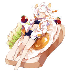 Rule 34 | 1girl, ;o, absurdres, artist logo, artist name, blonde hair, blue eyes, blush, bread, cherry tomato, collarbone, cowlick, egg, egg yolk, ekami gumi (uenomigi), food, full body, hand on own cheek, hand on own face, highres, jacket, lettuce, long sleeves, lying, midriff, multicolored clothes, multicolored hair, multicolored jacket, navel, on back, one eye closed, open clothes, open jacket, original, oversized food, oversized object, parted bangs, personification, short hair, shorts, simple background, single tear, sleeves past wrists, sports bra, striped, tearing up, thighs, tomato, two side up, uenomigi, white background, white hair, white jacket, yawning, yellow jacket