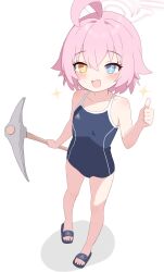 Rule 34 | 1girl, absurdres, abydos high school swimsuit, ahoge, bare arms, bare legs, bare shoulders, black one-piece swimsuit, blue archive, blue eyes, blush, collarbone, commentary, fang, full body, hair between eyes, halo, highres, holding, holding pickaxe, hoshino (blue archive), hoshino (young) (blue archive), looking at viewer, one-piece swimsuit, open mouth, pickaxe, pink hair, pink halo, school swimsuit, short hair, simple background, slippers, smile, solo, swimsuit, symbol-only commentary, thumbs up, white background, yellow eyes, yukisiannn
