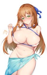 Rule 34 | 1girl, areola slip, bad id, bad pixiv id, bikini, blue ribbon, blush, breasts, brown hair, girls&#039; frontline, green eyes, groin, hand up, highres, huge breasts, lomocya, long hair, looking at viewer, navel, nipple slip, nipples, o-ring, o-ring bikini, official alternate costume, ribbon, see-through, simple background, smile, solo, springfield (girls&#039; frontline), springfield (stirring mermaid) (girls&#039; frontline), sweatdrop, swimsuit, white background