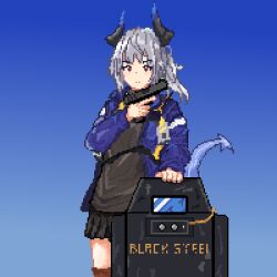 Rule 34 | 1girl, arknights, ballistic shield, black horns, black skirt, black sweater, blue background, blue horns, blue tail, closed mouth, clov3r, commentary, cowboy shot, dot nose, dragon girl, dragon horns, dragon tail, english commentary, gradient background, grey hair, gun, hand up, handgun, holding, holding gun, holding weapon, horns, jacket, liskarm (arknights), long sleeves, looking at viewer, lowres, medium hair, miniskirt, open clothes, open jacket, pixel art, pleated skirt, ponytail, purple background, purple jacket, red eyes, shield, skirt, solo, standing, sweater, tail, tail raised, trigger discipline, weapon