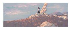 1girl absurdres blue_sky border cloud dry_grass evening facing_ahead from_behind grass highres hill legs_together long_hair mountainous_horizon obelisk original outdoors rock ruins scenery shirt short_sleeves skirt sky solo standing unfinished very_wide_shot white_border white_shirt yml_(shu_226717)