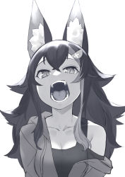 Rule 34 | 1girl, absurdres, alternate costume, animal ear fluff, animal ears, black hair, breasts, cleavage, fangs, greyscale, highres, hololive, hood, hoodie, monochrome, multicolored hair, off shoulder, ookami mio, ookami mio (casual), open mouth, solo, streaked hair, tank top, virtual youtuber, wolf ears, wolf girl, yamabuki7979
