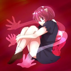 Rule 34 | 00s, 1girl, bad id, bad pixiv id, dress, elfen lied, from side, full body, horns, legs, monster girl, nana (elfen lied), nisi9, pink hair, pink theme, profile, purple eyes, red background, sad, short dress, short hair, sitting, solo
