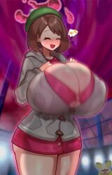 Rule 34 | 1girl, ?, blurry, blurry background, blush, breast expansion, breasts, brown eyes, brown hair, bursting breasts, cleavage, closed eyes, cloud, cowboy shot, creatures (company), curvy, dekapaiyukari, dynamax, eyelashes, female focus, game freak, gen 8 pokemon, giant, giantess, gigantamax, gigantic breasts, gloria (pokemon), happy, hat, highres, huge breasts, legs, matching hair/eyes, musical note, nikuatsu magician shinbo, nintendo, no nose, open mouth, outdoors, pokemon, pokemon swsh, red shirt, red skirt, shiny skin, shirt, short hair, skindentation, skirt, smile, solo, standing, thick thighs, thighs, wide hips, yamper