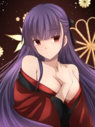 Rule 34 | 1girl, asagami fujino, asagami fujino (third ascension), bare shoulders, black bow, black kimono, bow, breasts, closed mouth, collarbone, commentary request, fate/grand order, fate (series), floral background, floral print, hair bow, hand on own chest, highres, japanese clothes, kara no kyoukai, kimono, long hair, looking at viewer, medium breasts, off shoulder, official alternate costume, purple hair, red eyes, red kimono, solo, two-tone kimono, vent vert (kuuya), very long hair, wide sleeves, yukata