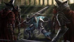Rule 34 | 5boys, abyss watcher, armor, artorias the abysswalker, bandaged arm, bandages, battle, boots, cape, chainmail, dagger, dark souls (series), dark souls i, dark souls iii, dual wielding, gauntlets, helmet, holding, holding dagger, holding knife, holding sword, holding weapon, indoors, knee pads, knife, mmm (mikito), multiple boys, pauldrons, red cape, shadow, shoulder armor, sword, torn cape, torn clothes, vambraces, weapon, white hair
