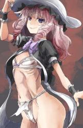 Rule 34 | 1girl, bow, bra, breasts, drill hair, elbow gloves, frills, fundoshi, gloves, hat, heavenly gathering of clouds, long hair, looking at viewer, looking back, navel, open clothes, open shirt, original, pink hair, purple eyes, ribs, shirt, skull, small breasts, smile, solo, takiyasha dokuro, touhou, twin drills, underwear, white bra, wrist cuffs, yohane