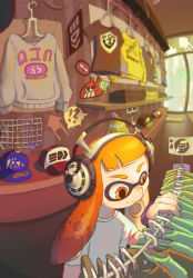Rule 34 | 1girl, artist request, baseball cap, clothes, clothes hanger, eyebrows, hat, headphones, highres, inkling player character, mask, nintendo, orange eyes, orange hair, shop, tentacle hair, thick eyebrows