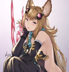 Rule 34 | 1girl, animal ears, artist name, bare back, bare shoulders, black thighhighs, blonde hair, breasts, commentary request, detached sleeves, erune, granblue fantasy, hair ornament, ivris, looking at viewer, medium breasts, metera (granblue fantasy), mole, mole under mouth, purple eyes, solo, thighhighs