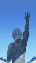Rule 34 | 1boy, :d, ^ ^, arm up, armor, blue hair, blue sky, chainmail, closed eyes, day, ear piercing, elbow gloves, facing viewer, final fantasy, final fantasy xiv, gloves, green gloves, hair between eyes, haurchefant greystone, head tilt, highres, kinona, male focus, mountain, open mouth, outdoors, pauldrons, piercing, pointy ears, shoulder armor, sky, smile, solo, upper body