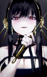 Rule 34 | 1girl, bare shoulders, black background, black dress, black gloves, black hair, breasts, choker, cleavage, dagger, dress, eyelashes, fingerless gloves, flower, gloves, hair flower, hair ornament, hairband, holding, holding weapon, knife, large breasts, looking at viewer, mile (off8mile), open mouth, pale skin, red eyes, sidelocks, simple background, solo, spy x family, upper body, weapon, yandere, yor briar