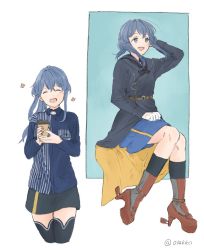 Rule 34 | 1girl, belt, black necktie, blue eyes, blue hair, blue shirt, blue skirt, blue thighhighs, boots, closed eyes, closed mouth, coat, cup, disposable cup, employee uniform, full body, gloves, gotland (kancolle), hair bun, half gloves, holding, holding cup, kantai collection, kokko (014kko), lawson, long sleeves, mole, mole under eye, name tag, necktie, open mouth, shirt, side slit, sidelocks, simple background, single hair bun, sitting, skirt, smile, solo, store clerk, striped clothes, striped shirt, thighhighs, uniform, vertical-striped clothes, vertical-striped shirt, white gloves