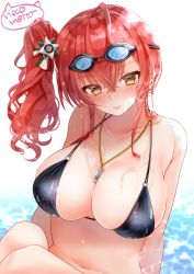 Rule 34 | 1girl, ahoge, azur lane, bad id, bad pixiv id, bikini, black bikini, blush, breasts, cleavage, collarbone, goggles, goggles on head, hair ornament, highres, large breasts, long hair, looking at viewer, navel, neco meito, o-ring, o-ring bikini, red hair, side ponytail, sitting, skindentation, smile, solo, swimsuit, wet, whistle, whistle around neck, zara (azur lane), zara (poolside coincidence) (azur lane)