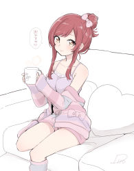Rule 34 | 1girl, absurdres, bow, brown hair, commentary request, couch, cup, flip (diiolive), hair bow, heart, heart-shaped pillow, highres, idolmaster, idolmaster shiny colors, kneehighs, looking at viewer, mug, off shoulder, osaki amana, pillow, short hair with long locks, short shorts, shorts, socks, solo, tank top, translated, yellow eyes