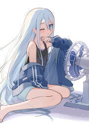 Rule 34 | 1girl, bare legs, bare shoulders, barefoot, black tank top, blue eyes, blue jacket, blue shorts, blush, collarbone, commentary request, electric fan, feet out of frame, grey hair, hair between eyes, hand up, highres, hot, jacket, long hair, one eye closed, parted lips, project sekai, qi&#039;e (penguin), shorts, sidelocks, sitting, solo, straight hair, summer, sweat, sweatdrop, tank top, wariza, white background, yoisaki kanade