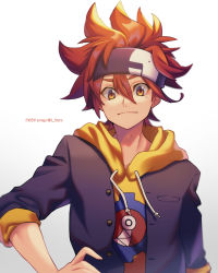 Rule 34 | 1boy, artist name, blurry, brown eyes, brown hair, closed mouth, commentary request, dated, depth of field, drawstring, grey background, hair between eyes, hand on own hip, headband, highres, hood, hood down, hoodie, kyan reki, light smile, looking at viewer, male focus, print hoodie, purple headband, short hair, simple background, sk8 the infinity, sleeves rolled up, solo, spiked hair, twitter username, upper body, white background, zero-go