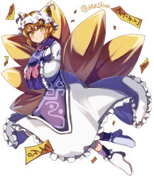 Rule 34 | 1girl, blonde hair, closed mouth, commentary, dress, fox tail, full body, hands in opposite sleeves, hat, highres, long sleeves, looking at viewer, mob cap, multiple tails, one-hour drawing challenge, renshirenji, short hair, simple background, solo, tabard, tail, touhou, twitter username, white background, white dress, white footwear, white hat, yakumo ran, yellow eyes