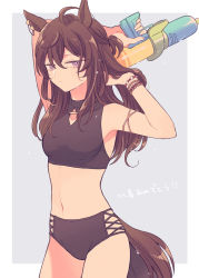 Rule 34 | 1girl, ahoge, alternate costume, animal ears, arm up, bikini, black bikini, bracelet, brown hair, closed mouth, cowboy shot, hand in own hair, highres, holding, holding water gun, horse ears, horse girl, horse tail, jewelry, long hair, looking at viewer, nakayama festa (entrust myself to the dice) (umamusume), nakayama festa (umamusume), navel, necklace, purple eyes, riccovich, solo, swimsuit, tail, tankini, translation request, umamusume, water gun, wet, wet hair