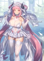 Rule 34 | 1girl, artist name, bare shoulders, breasts, bridal veil, cleavage, closed mouth, commentary request, company connection, copyright name, covered navel, cuboon, dress, elbow gloves, evertale, flower, gloves, halterneck, hands up, highres, holding, horns, indoors, large breasts, lips, logo, long hair, looking at viewer, official art, overskirt, pink eyes, pink hair, rei (evertale), see-through, shadow, shiny clothes, shiny skin, simple background, sleeveless, smile, solo, standing, thighhighs, veil, wedding dress, white dress, white gloves, white thighhighs, window, zettai ryouiki