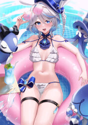 1girl :d ahoge ascot bare_shoulders bikini blue_ascot blue_eyes blue_hat brooch commentary cup drinking_glass eyewear_on_head frilled_bikini frills furina_(genshin_impact) genshin_impact groin hair_intakes hat heart heart-shaped_eyewear highres innertube jewelry looking_at_viewer navel open_mouth short_hair skai_kun smile solo stomach sunglasses swim_ring swimsuit thigh_strap thighs white_bikini white_hair