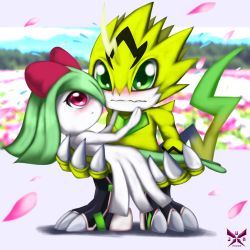 Rule 34 | 1boy, 1girl, artist request, carrying, claws, creatures (company), crossover, digimon, digimon (creature), embarrassed, falling petals, field, fingernails, flower, flower field, game freak, gen 3 pokemon, highres, kirlia, looking at another, nintendo, open mouth, petals, pokemon, pulsemon, red eyes, sharp fingernails, simple background, sky, standing, tail, teeth