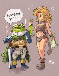 Rule 34 | 1boy, 1girl, abs, ayla (chrono trigger), bare shoulders, belt, blonde hair, blue eyes, blue gloves, breasts, brown footwear, cape, cavewoman, chrono trigger, closed mouth, commentary request, curly hair, eyelashes, fake tail, forehead, frog, frog (chrono trigger), frog boy, full body, gloves, green cape, highres, holding, knight, legs apart, legs together, long hair, looking at another, midriff, navel, panties, pants, pantyshot, shadow, skirt, sleeveless, speech bubble, standing, sweat, sword, tail, toned, underwear, uzutanco, weapon, yellow eyes