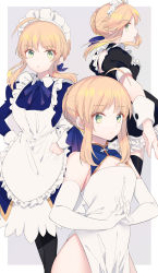 Rule 34 | 1girl, absurdres, ahoge, alternate costume, artoria pendragon (all), artoria pendragon (fate), bare shoulders, blonde hair, breasts, china dress, chinese clothes, commentary request, dress, elbow gloves, fate/stay night, fate (series), gloves, green eyes, hair bun, highres, long sleeves, maid, maid headdress, multiple views, pantyhose, saber (fate), single hair bun, sleeveless, small breasts, suzuakks