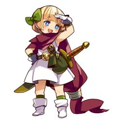 Rule 34 | 1girl, blonde hair, blue eyes, blunt bangs, blush, boots, bow, bright pupils, commentary request, dragon quest, dragon quest v, dress, full body, gloves, green bow, green socks, hair bow, hand on own hip, hand up, hero&#039;s daughter (dq5), mota, open mouth, pouch, red scarf, scarf, shading eyes, short hair, simple background, sleeveless, sleeveless dress, smile, socks, solo, sword, weapon, white background, white dress, white footwear, white gloves, white pupils