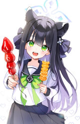 Rule 34 | 1girl, animal ears, black hair, black sailor collar, black skirt, blue archive, blue halo, blush, extra ears, food, green eyes, halo, heart, highres, holding, holding food, hovaku, long hair, long sleeves, looking at viewer, open mouth, pleated skirt, sailor collar, school uniform, shun (blue archive), shun (small) (blue archive), skirt, smile, solo, tanghulu, twintails, white background