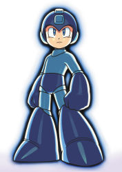 Rule 34 | 1boy, capcom, full body, helmet, looking at viewer, male focus, mega man (character), mega man (classic), mega man (series), non-web source, official art, serious, simple background, solo, standing
