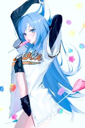 Rule 34 | 1girl, arm behind head, arms up, bae minah (chaesu), baseball jersey, black shorts, blue eyes, blue hair, borrowed character, candy, clothes writing, commentary request, commission, cowboy shot, crop top, expressionless, food, food in mouth, from side, heart, heart-shaped lollipop, highres, jacket, jersey, lollipop, long hair, looking at viewer, looking to the side, micro shorts, midriff, mouth hold, navel, open clothes, open jacket, original, sankichi (croquette crab), shaped lollipop, short hair, shorts, simple background, skeb commission, solo, swirl lollipop, two-tone eyes, white background, white jacket, yellow eyes