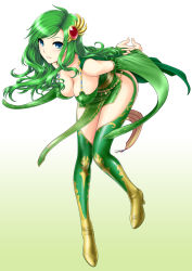 Rule 34 | 1990s (style), 1girl, arms behind back, bent over, blue eyes, boots, breasts, final fantasy, final fantasy iv, green footwear, green hair, green theme, hair ornament, hanging breasts, high heels, large breasts, leaning forward, leotard, long hair, rydia (ff4), shoes, solo, st.germain-sal, thighhighs
