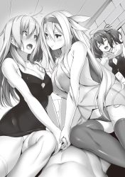Rule 34 | 1boy, 3girls, ahoge, bisexual, bisexual female, blush, breasts, cleavage, closed mouth, dress, embarrassed, eye contact, fang, greyscale, holding hands, large breasts, long hair, looking at another, monochrome, multiple girls, nironiro, novel illustration, official art, open mouth, panties, pout, shinsei-maou no venus-hunt, short dress, shy, smile, surprised, twintails, underwear