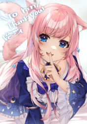 Rule 34 | 1girl, animal ear fluff, animal ears, blue eyes, blush, cat ears, collarbone, commission, fangs, finger to mouth, fluff, frills, highres, indie virtual youtuber, izumi kei, long hair, looking at viewer, loose clothes, open mouth, pink hair, rindou (vtuber), skeb commission, smile, solo, straight hair, tail, virtual youtuber