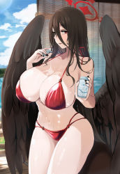 Rule 34 | 1girl, absurdres, bikini, black hair, black nails, blue archive, breasts, cleavage, collarbone, commentary request, cowboy shot, emirio (emirio110), hair between eyes, halo, hasumi (blue archive), highres, large breasts, long hair, looking at viewer, low wings, mole, mole under eye, nail polish, outdoors, parted lips, red bikini, red eyes, sideboob, smile, solo, swimsuit, thighs, wings