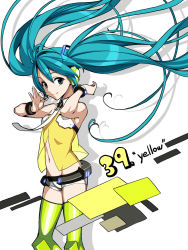 Rule 34 | 1girl, 39, aqua eyes, bad id, bad pixiv id, bracelet, floating hair, fujimaru (bluebrand), green thighhighs, hatsune miku, headset, jewelry, long hair, navel, necktie, project diva (series), project diva 2nd, see-through, short shorts, shorts, smile, solo, thighhighs, twintails, very long hair, vocaloid, yellow (vocaloid), yellow thighhighs