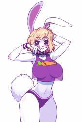 Rule 34 | absurdres, blonde hair, blush, breasts, carrot (one piece), carrot print, collar, food print, furry, highres, large breasts, one piece, rabbit ears, rabbit girl, rabbit tail, short shorts, shorts, sweatband, tank top