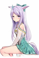 Rule 34 | 1girl, bare arms, between legs, blush, closed mouth, cropped legs, from side, green skirt, hand between legs, horse girl, horse tail, long hair, looking at viewer, mejiro mcqueen (umamusume), miniskirt, nannacy7, parted bangs, pleated skirt, print shirt, purple eyes, purple hair, shirt, simple background, sketch, skirt, sleeveless, sleeveless shirt, smile, solo, tail, umamusume, very long hair, white background, white shirt