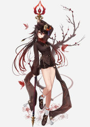 Rule 34 | 1girl, absurdres, arm up, black nails, black shorts, branch, bright pupils, brown coat, brown footwear, brown hair, brown hat, coat, coattails, commentary, flower, flower-shaped pupils, full body, genshin impact, gradient hair, grey background, grin, hair between eyes, hat, highres, holding, holding staff, holding weapon, hu tao (genshin impact), jewelry, long hair, long sleeves, looking at viewer, maria (syake-uni), multicolored hair, multiple rings, nail polish, plum blossoms, porkpie hat, red eyes, red hair, ring, shoes, shorts, simple background, smile, socks, solo, staff, staff of homa (genshin impact), symbol-shaped pupils, tailcoat, weapon, white pupils, white socks