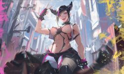 Rule 34 | 1girl, abs, bracelet, breasts, collar, han juri, highres, jewelry, large breasts, looking at viewer, martial arts belt, muscular, muscular female, neo (neorarty3), pink eyes, saliva, sharp teeth, spiked bracelet, spiked collar, spikes, street fighter, street fighter 6, teeth, tongue, tongue out, v