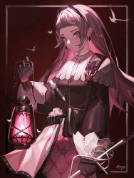 Rule 34 | 1girl, anye (user ayhg4584), arknights, bird, black dress, black gloves, cowboy shot, dress, earrings, gloves, grey eyes, grey hair, hand up, head wings, highres, holding, holding lantern, holding sword, holding weapon, irene (arknights), jewelry, lantern, long sleeves, looking at viewer, multicolored hair, red background, solo, sword, two-tone hair, weapon, white dress, wings