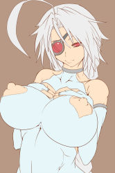 Rule 34 | 1girl, ahoge, alternate breast size, blazblue, bodysuit, braid, breast suppress, breasts, bridal gauntlets, brown background, eyepatch, flat color, halterneck, hands on own chest, highres, huge ahoge, huge breasts, impossible bodysuit, impossible clothes, long hair, looking at viewer, nippleless clothes, nipples, nontan (nontanexx), nu-13, puffy nipples, red eyes, seductive smile, silver hair, simple background, single braid, skin tight, smile, solo, unfinished, upper body