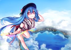 Rule 34 | 1girl, absurdres, alternate costume, armband, bare legs, bare shoulders, black hat, blue hair, blush, breasts, cleavage, cloud, day, flying, food, fruit, grin, hat, highres, hinanawi tenshi, holding, holding sword, holding weapon, japanese clothes, kimono, lake, leaf, long hair, looking away, obi, peach, rainbow order, red eyes, sarong, sash, short kimono, sleeveless, sleeveless kimono, smile, solo, sword, sword of hisou, tis (shan0x0shan), touhou, very long hair, weapon