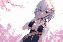 Rule 34 | 1girl, aluppia, arm behind head, azur lane, blue dress, braid, breast curtains, breasts, cherry blossoms, detached collar, dress, falling petals, flower, french braid, gloves, gold trim, hair flower, hair ornament, looking at viewer, looking to the side, outdoors, petals, red eyes, rose, short hair, side slit, sirius (azur lane), sirius (azure horizons) (azur lane), solo, tree, white gloves, white hair, yellow flower, yellow rose